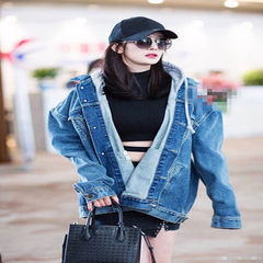 Plush thickening Wu Yifan with the same Yang Mi airport 2017 winter and autumn denim jacket, hooded lovers coat, men's and women's coat 3XL Blue autumn cash spot