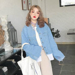 Summer and spring women's wear 2017 new Korean version of fake two pieces of stitching denim jacket BF loose hole, burr, short jacket F Jeans Blue stitching coat