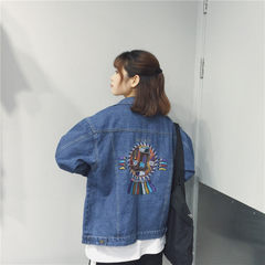 Embroidered Denim Jacket loose and thin female Korean Fengpo long sleeved jacket hole BF all-match College Students S 9 dark blue