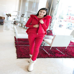 2017 winter new leisure suit, Korean version, fashionable thin cotton padded jacket, thickened wool collar, down feather cotton suit, three piece M red.