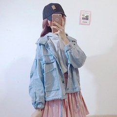 Embroidered Denim Jacket loose and thin female Korean Fengpo long sleeved jacket hole BF all-match College Students S 8 light blue + gray sweater