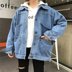 Hitz Korean simple loose denim jacket pocket female all-match casual long jacket jeans S Picture color quality Edition