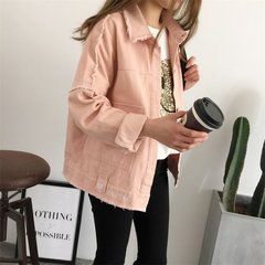 In the autumn of 2017 new Korean BF short letter sanding college wind denim jacket tooling spring tide female students S Lotus color