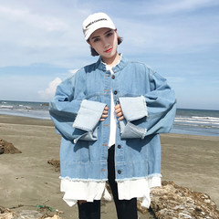 Early autumn women's Korean version BF loose edge false two pieces stitching long sleeve broken denim jacket student leisure jacket M Picture color