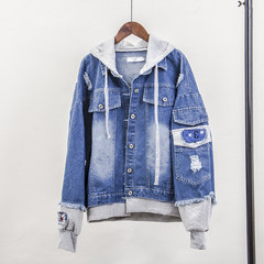 2017 spring and autumn holidays, two students, fresh and fresh denim jackets, women's caps, short holes, loose jackets, jacket tide S Navy Blue