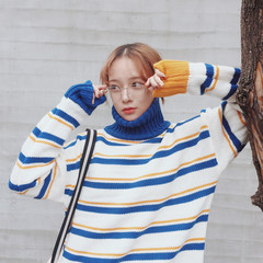 Korean winter women's College wind in the long loose all-match sleeve head hit color striped turtleneck long sleeved sweater coat F blue