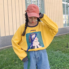 Autumn dress Korean cartoon breaking through loose rope long sleeved Pullover Sweater T-shirt no thin cap top students F yellow