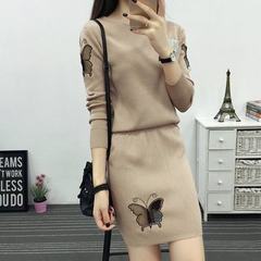 In the autumn of 2017 Korean cultivating code package hip skirt suit knitted sweater set long sleeved fashion two piece 4XL (156-175 Jin) Khaki (quality version pilling)