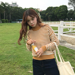 2017 new autumn Korean all-match loose striped long sleeve Pullover Sweater Coat is short of female students F Ginger