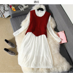 2017 new autumn and winter women's sweater, vest two pieces, fashionable lace dress, knitted fashionable suit tide S Two sets of [red wine] spring and Autumn