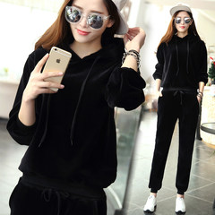 Velvet sport suit sweater female fashion spring 2017 new two piece set loose hooded casual couples dress 3XL Black (without NAP)