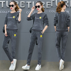 Velvet suit female fashion 2017 new autumn and winter T-shirt casual sportswear Hoody two piece tide M gray