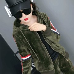 Europe sportswear jinsirong suit female fashion 2017 new cashmere sweater with thickened European goods two piece XL (118-130 Jin) Green (with cashmere thickening)