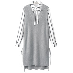 MG little girl fashion set, 2017 autumn new stripe chiffon shirt, knitted vest, dress two sets 4XL (140-150 Jin) White Plaid grey