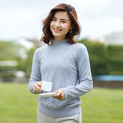 韩版100%羊绒衫女套头短款打底衫纯色修身菱形加厚羊毛衫半高领潮 S 水灰色