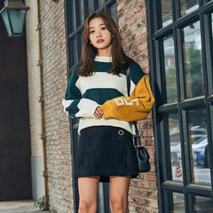 Blue rose autumn coat sweater loose backing Korean student BF wind spell color sweater female T370 S green