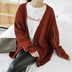 JHXC simple breasted long sleeved sweater coat loose thickened Korean female student winter thin knit cardigan M Red brick