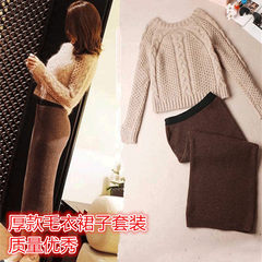 In short sleeved sweater female Korean loose waist thickened all-match autumn fashion temperament Turtleneck Shirt S Thick sweater and skirt set [quality excellent]