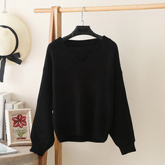 New winter sweater female bubble sleeve short sleeve head loose 2017 Korean college style long sleeved V neck knit shirt F black