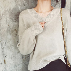 V neck sweater female loose 2017 new winter ulzzang head short Hong Kong style retro sweater chic F light gray