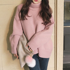 The new Korean student turtleneck Pullover Sweater loose solid lazy female thick tide S dark pink
