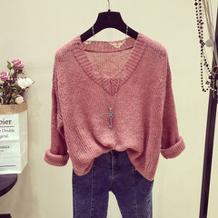 Pink hollow hole V neck knit shirt woman fall loose sleeve head mohair suit thin long sleeved shirt. F rouge