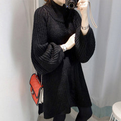 2017 new autumn and winter fashion a loose knit sweater lazy long sleeved dress S black