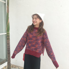 Autumn ladies loose all-match stripe Korean hit color split sleeve head sweater sweater coat short student tide F Red wine