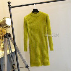 Korean winter sweater female head sleeve slim thickening in the long all-match half collar sweater dress shirt F Fruit green