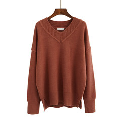 V neck sweater female head all-match winter 2017 new female Korean students lazy wind long sleeved blouse tide F Brick red