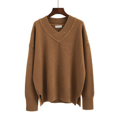 V neck sweater female head all-match winter 2017 new female Korean students lazy wind long sleeved blouse tide F Caramel color