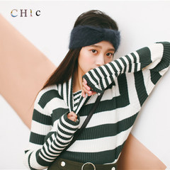 Korean winter coat sleeves thickened bottoming sweaters loose sleeve head striped turtleneck female student short F Green IOU