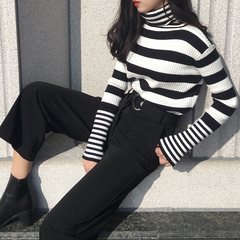 2017 autumn all-match chic new high head students striped sweater female long sleeved shirt bottoming sweaters F Black and white stripes