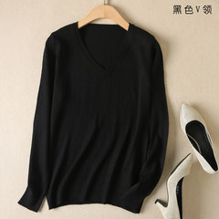2017 new autumn and winter sweater female Korean bottoming shirt sleeve head loose solid size all-match cashmere sweater 3XL Black V collar