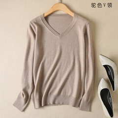 2017 new autumn and winter sweater female Korean bottoming shirt sleeve head loose solid size all-match cashmere sweater 3XL Camel V collar