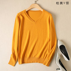 2017 new autumn and winter sweater female Korean bottoming shirt sleeve head loose solid size all-match cashmere sweater S Turmeric V collar