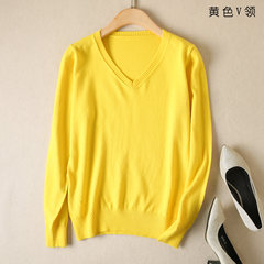 2017 new autumn and winter sweater female Korean bottoming shirt sleeve head loose solid size all-match cashmere sweater 3XL Yellow V collar