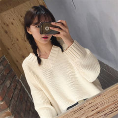 Autumn and winter the chic retro thick V neck knit jacket a Korean women loose sweater Pullover F white
