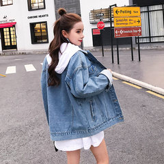 2017 spring and autumn Korean BF wind loose denim jacket girls long size jeans jacket tide all-match students S Wathet