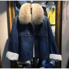 欧洲站2017冬新款韩版宽松牛仔外套女大毛领加厚加绒羊羔毛短外套 3XL 灰色