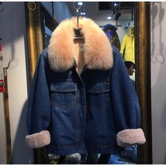 European station 2017 winter new Korean version of loose denim coat, female hair collar thickening, plush wool short coat 3XL Pink