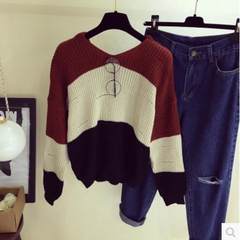 2017, the new version of autumn and winter hit color stripes students' blouse, loose sleeve knitted long sleeved sweater female F Coffee 1883