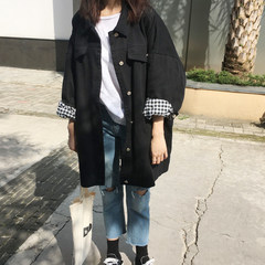 Hollyii 2017 autumn winter new frock jeans jacket BF wind long oversized jacket F black