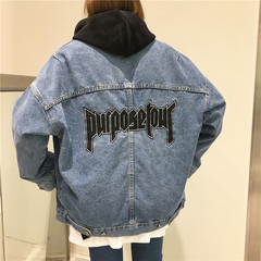 The spring and Autumn New Korean all-match size loose student BF Harajuku short retro Hong Kong flavor Embroidered Denim Jacket female S blue