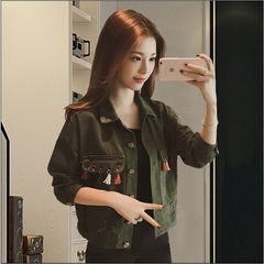2017 spring and autumn, the new version of the Korean version of loose, thin denim jacket, fashion tassels, long sleeved jacket, blouse, women's coat L recommends 110-120 Jin Army green [Premium Edition]