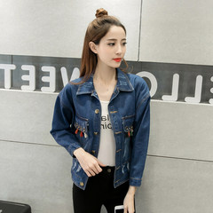 2017 spring and autumn, the new version of the Korean version of loose, thin denim jacket, fashion tassels, long sleeved jacket, blouse, women's coat L recommends 110-120 Jin Dark blue [Premium Edition]