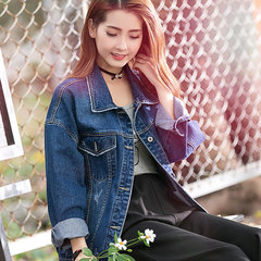 2017 female fashion denim jacket loose spring new students all-match Korean BF hole jacket denim jacket XS The cat's whiskers are sapphire blue