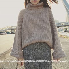 South Korea female trumpet sleeve turtleneck lazy sleeve head loose coarse wool sweater coat thick winter students S Khaki