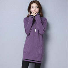 Autumn style new edition of Korean sweater, women's sleeve head, long cashmere sweater, loose knit wool sweater, autumn and winter coat 3XL Round neck purple