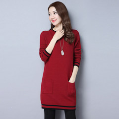 Autumn style new edition of Korean sweater, women's sleeve head, long cashmere sweater, loose knit wool sweater, autumn and winter coat 3XL Round neck red wine